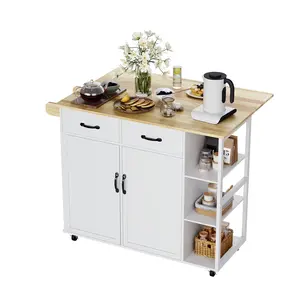 Multi-Function Kitchen Island Cart, Rolling Wooden Organizer with 2-Door Cabinet, Drop Leaf Table, 2 Storage Drawers, 3-Tier Spice Rack and Towel Holder for Dining Room - SummerVibes