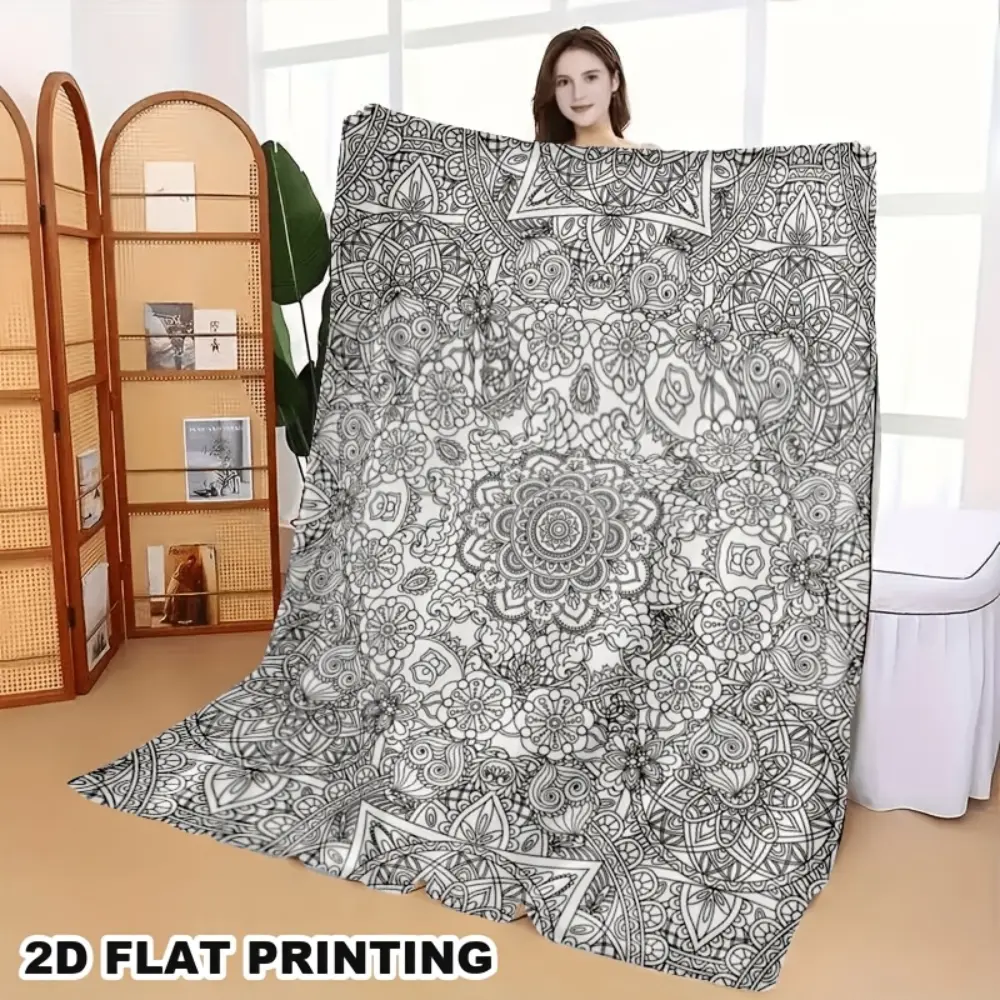 Black White Mandala Coloring Book Style Blanket,Soft Flannel Throw Blanket with Boho Floral Paisley Print,Cozy Gift for Women Girls Teens and Art Lovers, Aesthetic Room Decor for Bed Couch Sofa Bedroom Dorm,Lightweight Warm Blanket for Naptime Movie Night