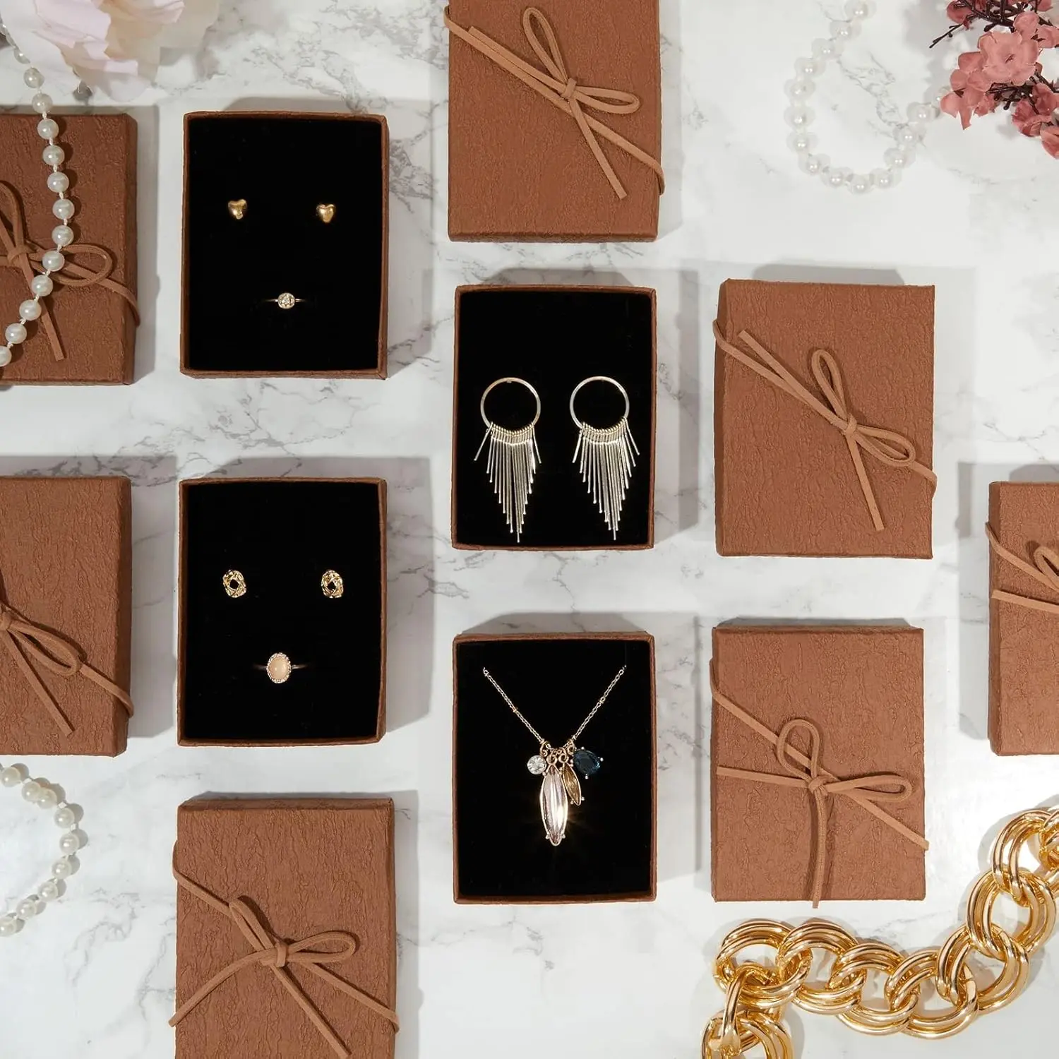 Jewelry Gift Boxes - 3.7 x 2.9 x 1.3 In, Kraft, Pack of 12 - Velvet Lined & Bow Lid Cardboard Necklace Box