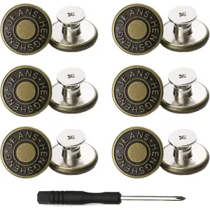 Buttons for Jeans,17 mm no-sew nailess Removable Metal Jeans Buttons Replacement Repair Combo Thread Rivets and Screwdrivers,12 Replacement Buttons, Simple Installation, .