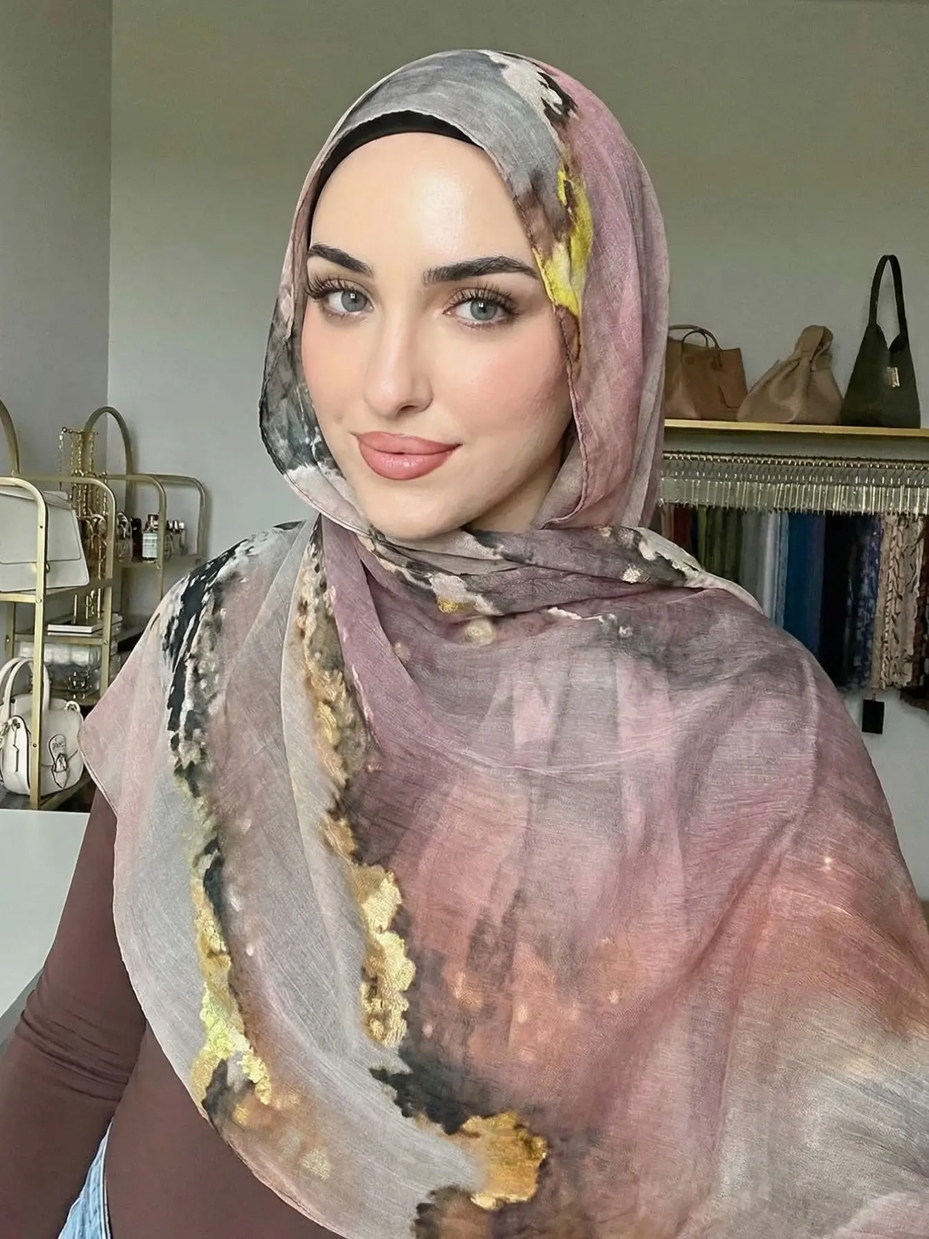 1pc ink gilt long silk scarf multi-purpose OOTD accessories bandana atmospheric headscarf light luxury decorative scarf Hijab
