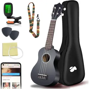 Soprano Ukulele Beginner Kit 21 Inch w/Free  Lesson Gig Bag Tuner Picks Strap,  to Learn (Black)