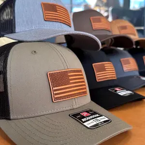 Richardson 115 Low Profile American Flag Hat With Sewn Leather Patch Hat- Made In Usa Laser Engraved Real Leather 115 Small Or Ml