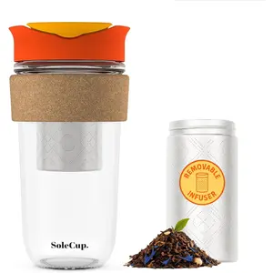 Large Travel Mug Loose Tea Infuser Detachable Tea Strainer with Spill Proof Lid 18oz BPA-Free Reusable Glass Travel Coffee Cup with Cork Band Red
