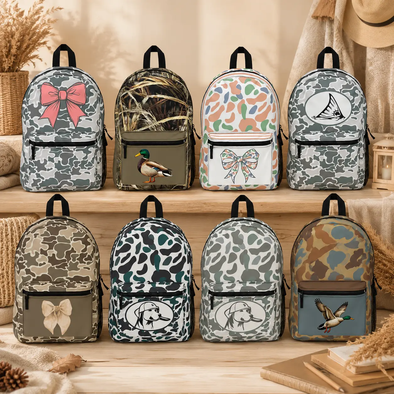 [ BEST SELLER ] Camo Backpack with Bow and Duck Designs, Hunting School Bag, Rustic Outdoor Backpack for Kids, Girls and Duck Lovers, 8 Styles