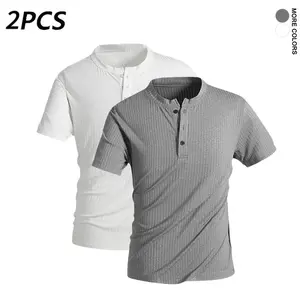 2PCS Men's Ribbed Henley T-Shirts, Casual Short Sleeve Button Neck Summer Tops, Comfy for All Occasions