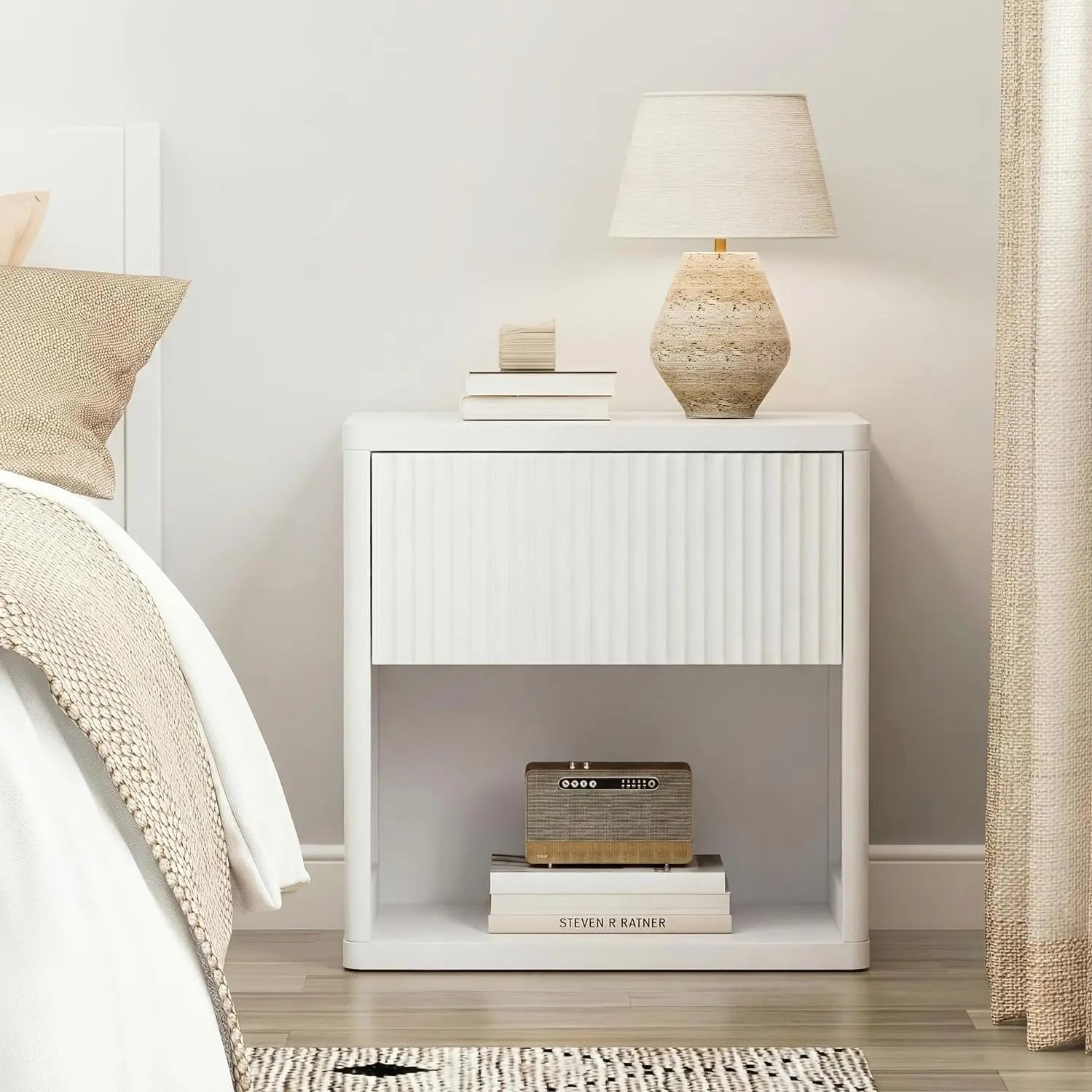 Modern Space-Saving Nightstand with Hidden Drawers & Open Shelf - Curved Bedside Table Suitable for Small Bedrooms, Freestanding Assembly Required Bedside with Concealed Drawers and Open Shelves for Narrow Spaces