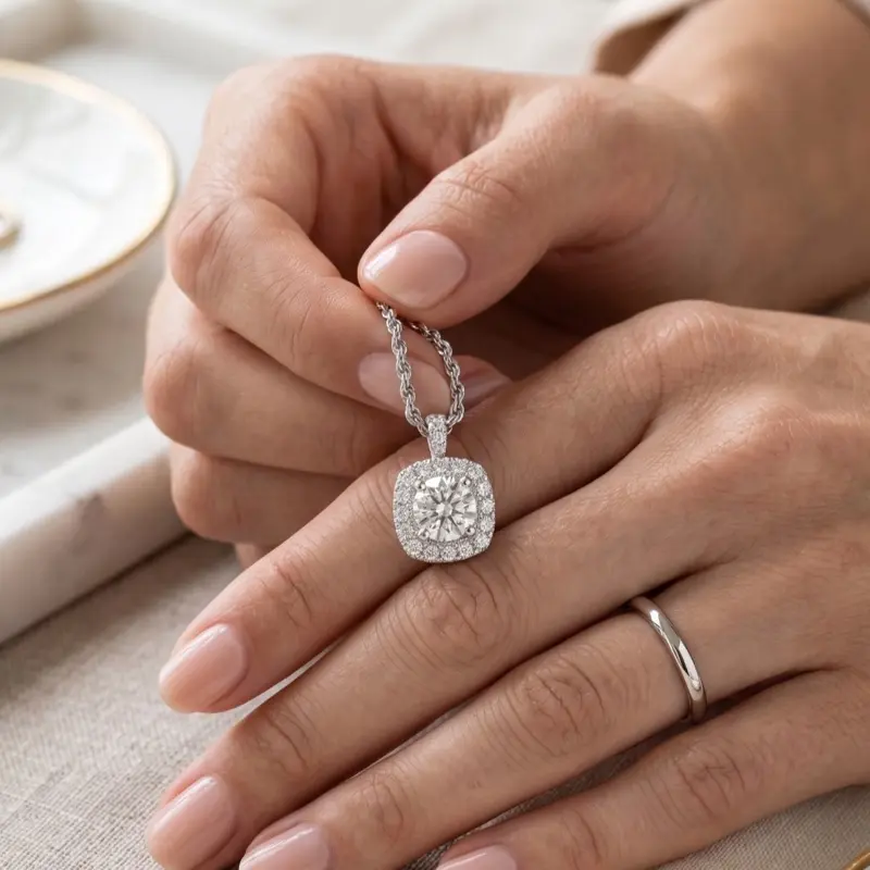 924 Silver 5/8 Carat Lab Grown Diamond Halo Style Cushion Shape Necklace with 18" Cable Chain for Elegant Look