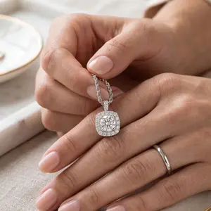 924 Silver 5/8 Carat Lab Grown Diamond Halo Style Cushion Shape Necklace with 18" Cable Chain for Elegant Look