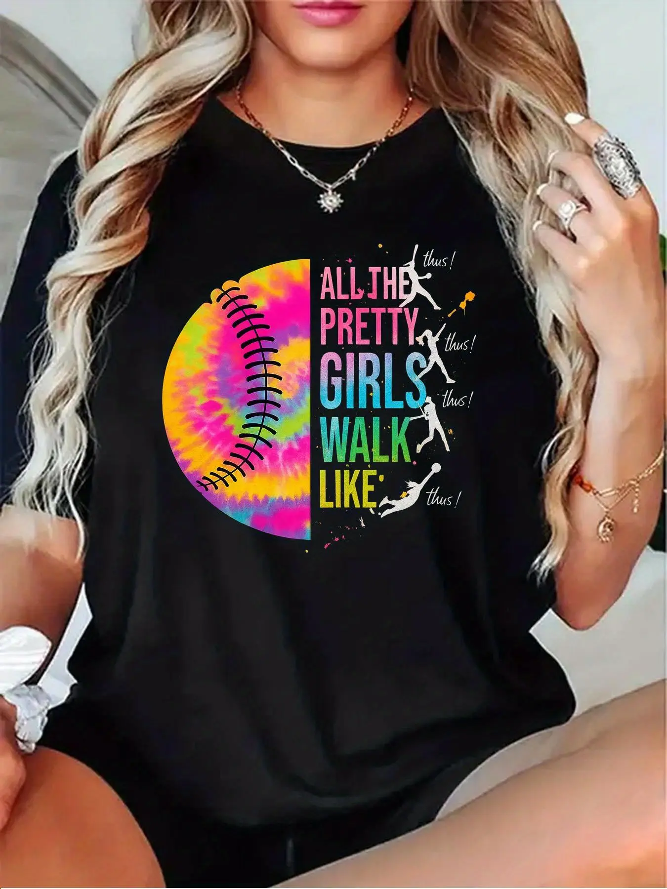 Women's Softball-Themed Tie-Dye T-Shirt with Softball Art & Inspirational Quote - Casual Short Sleeve Round Neck Top in Black/Grey/White/Dark Red - Apparel for Softball Players & Fans