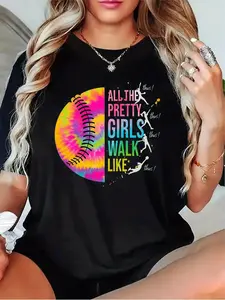 Women's Softball-Themed Tie-Dye T-Shirt with Softball Art & Inspirational Quote - Casual Short Sleeve Round Neck Top in Black/Grey/White/Dark Red - Apparel for Softball Players & Fans
