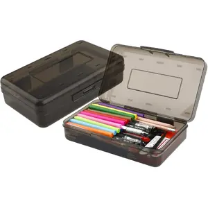 Pencil Box, Large Capacity Clear Pencil Case, 1 Pack Hard Pencil Case, Crayon Box with Snap-tight Lid Stackable Design, Plastic Storage Box for Office Supplies, Black