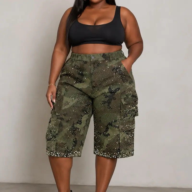 Plus-Size All-Over Rhinestone, Pearl Camo Jorts