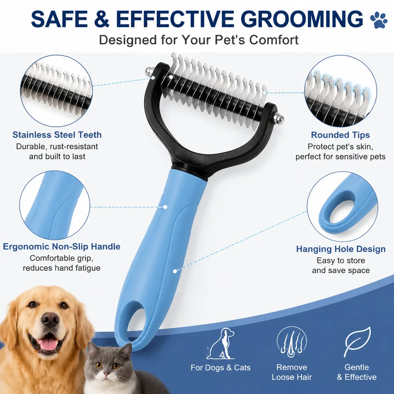 Pet Deshedding Brush for Dogs and Cats, Stainless Steel Undercoat Rake, Double Sided Dematting Comb Grooming Tool for Long Hair Pets