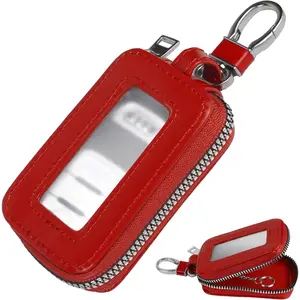 Car Key Case, Leather Zipper Car Key Fob Holder Bag, Vehicle Smart Keys Protector, Universal Keychain Accessories (Wine Red, Single Layer)
