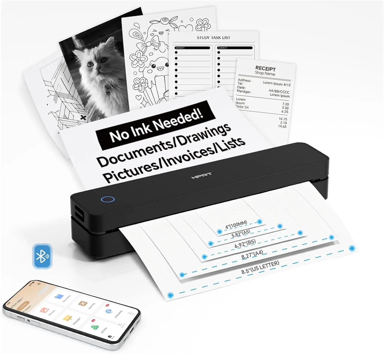 HPRT Portable-Printer Wireless for Travel,Inkless Thermal Small Printers for Home Use,Office,Vehicles,Mobile Bluetooth Printer Supports 8.5" x 11" US Letter,for Smartphone & PC,Black
