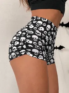 Women's Y2K Halloween Skull Print Pleated Knit Skinny Shorts, Casual High Waist Summer Pants, Trendy Streetwear for Women