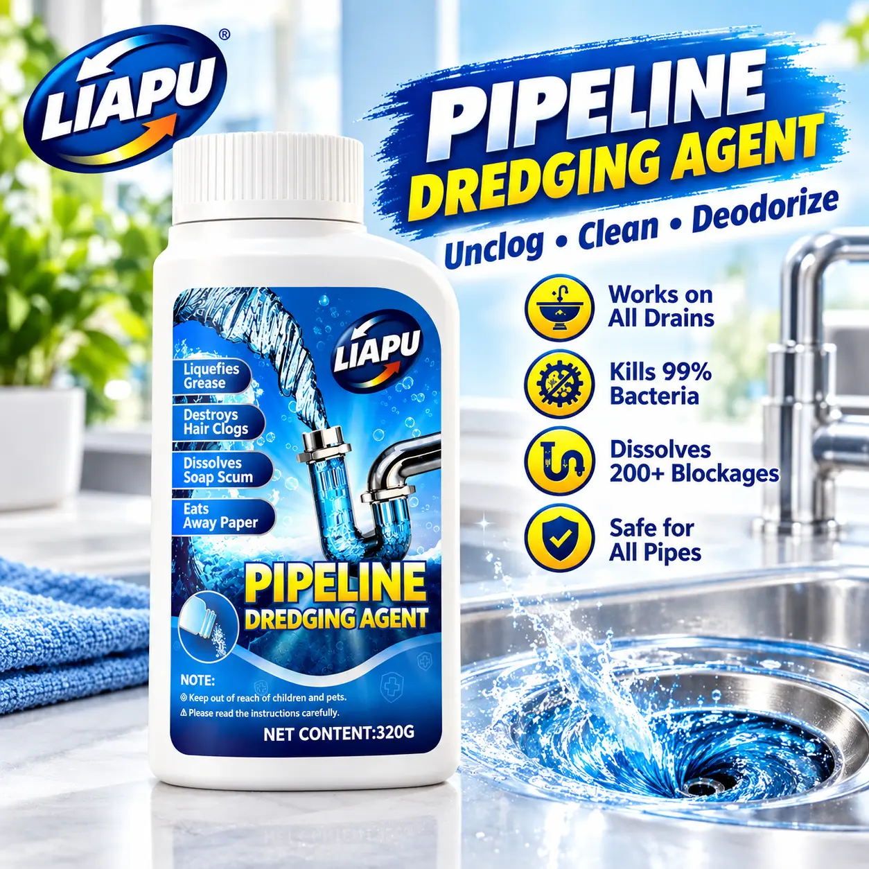LIAPU Drain Cleaner Powder, Powerful Clog Remover for Hair, Grease & Food Buildup, Fast-Acting Pipe Cleaner for Kitchen Sink, Bathroom, Shower & Floor Drains