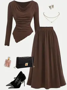 Women's Fashion Asymmetrical V Neck Long Sleeve Top & Solid Color Skirt Set, Casual Two-Piece for Spring & Fall Seasons