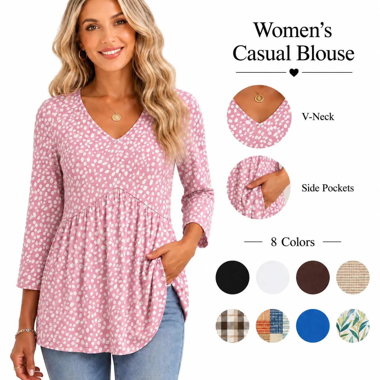 WIHOLL 3/4 Length Sleeve Womens Tops 2025 Blouses for Women Dressy Casual Fashion Clothing V Neck Babydoll Tops Fall Outfits
