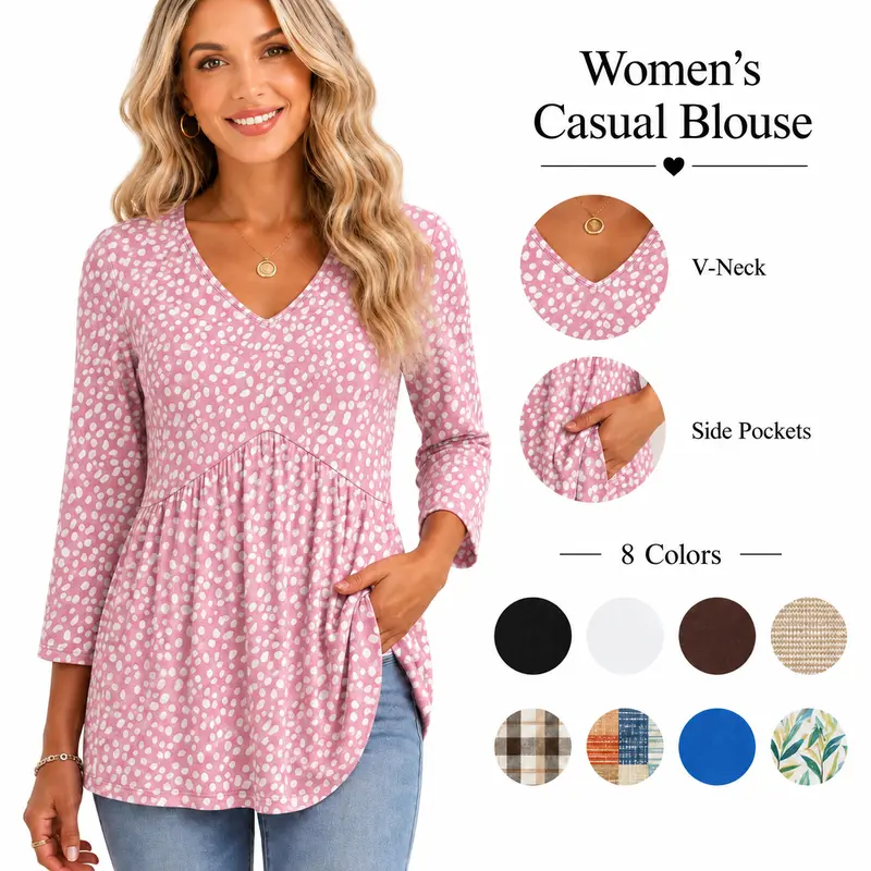 WIHOLL 3/4 Length Sleeve Womens Tops 2025 Blouses for Women Dressy Casual Fashion Clothing V Neck Babydoll Tops Fall Outfits