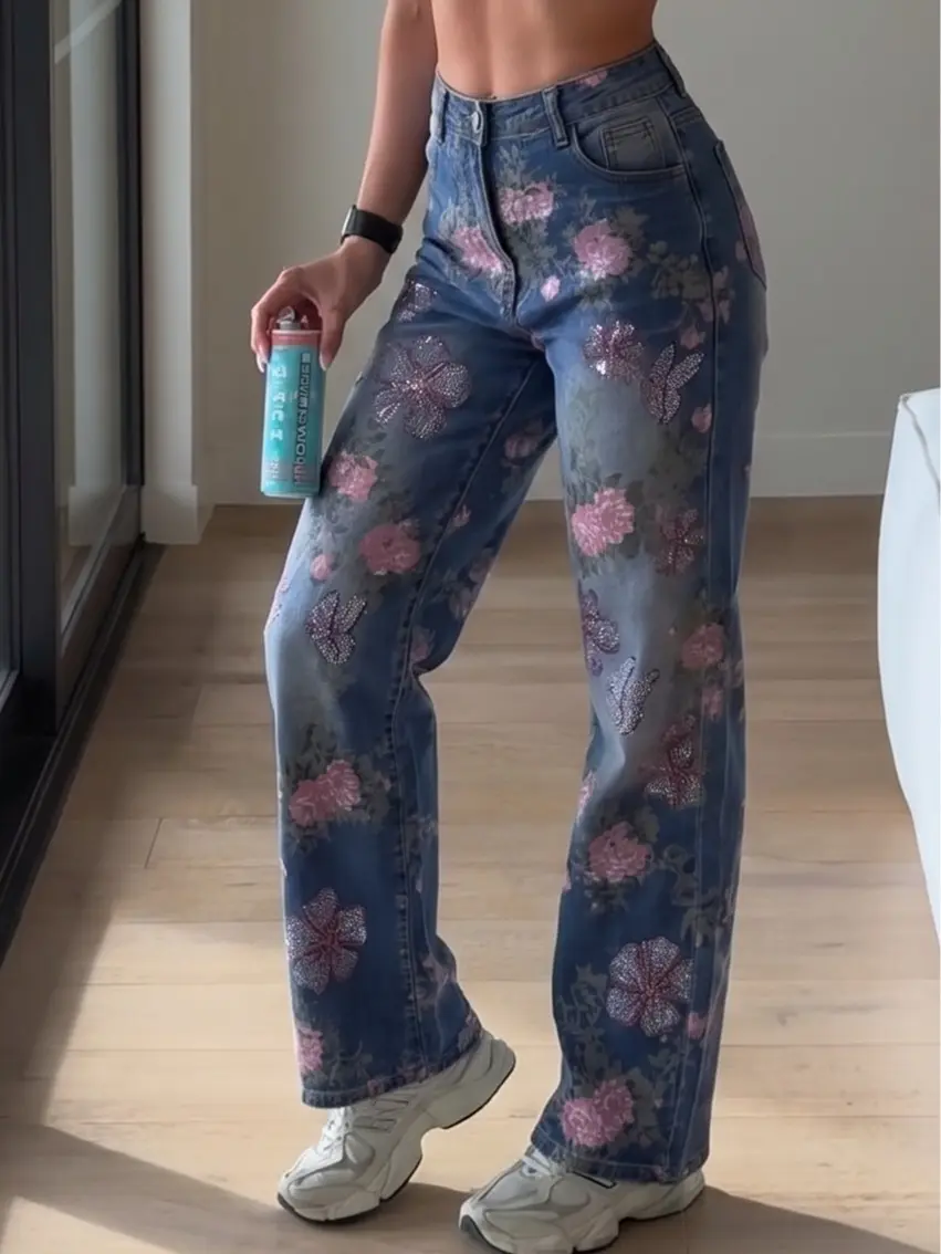 TCH - K Y2K Aesthetic Maximalist Floral Sparkle  Jeans | Embellished Wide Leg Denim | Indie Vibe