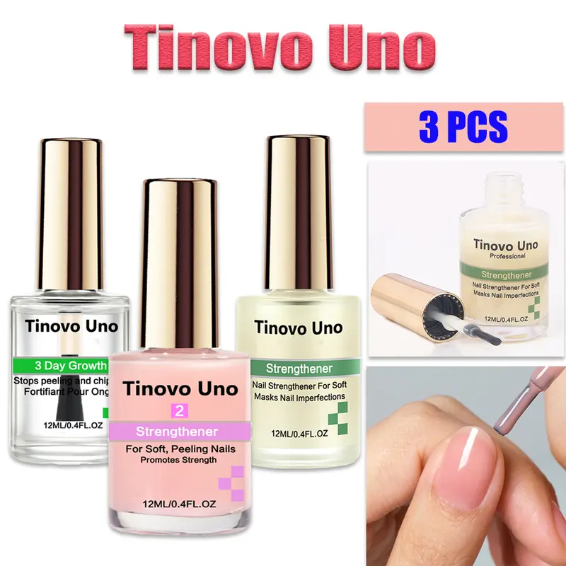 Tinovo Uno (US Local) Adult 3-Piece Nail Care Set - Keratin Growth Oil Therapy, Natural Calcium Liquid, Quick Dry Polish, Thin Brittle Nail Repair Manicure (12 ml, 3 Bottles: Pink/Transparent/Milky White)