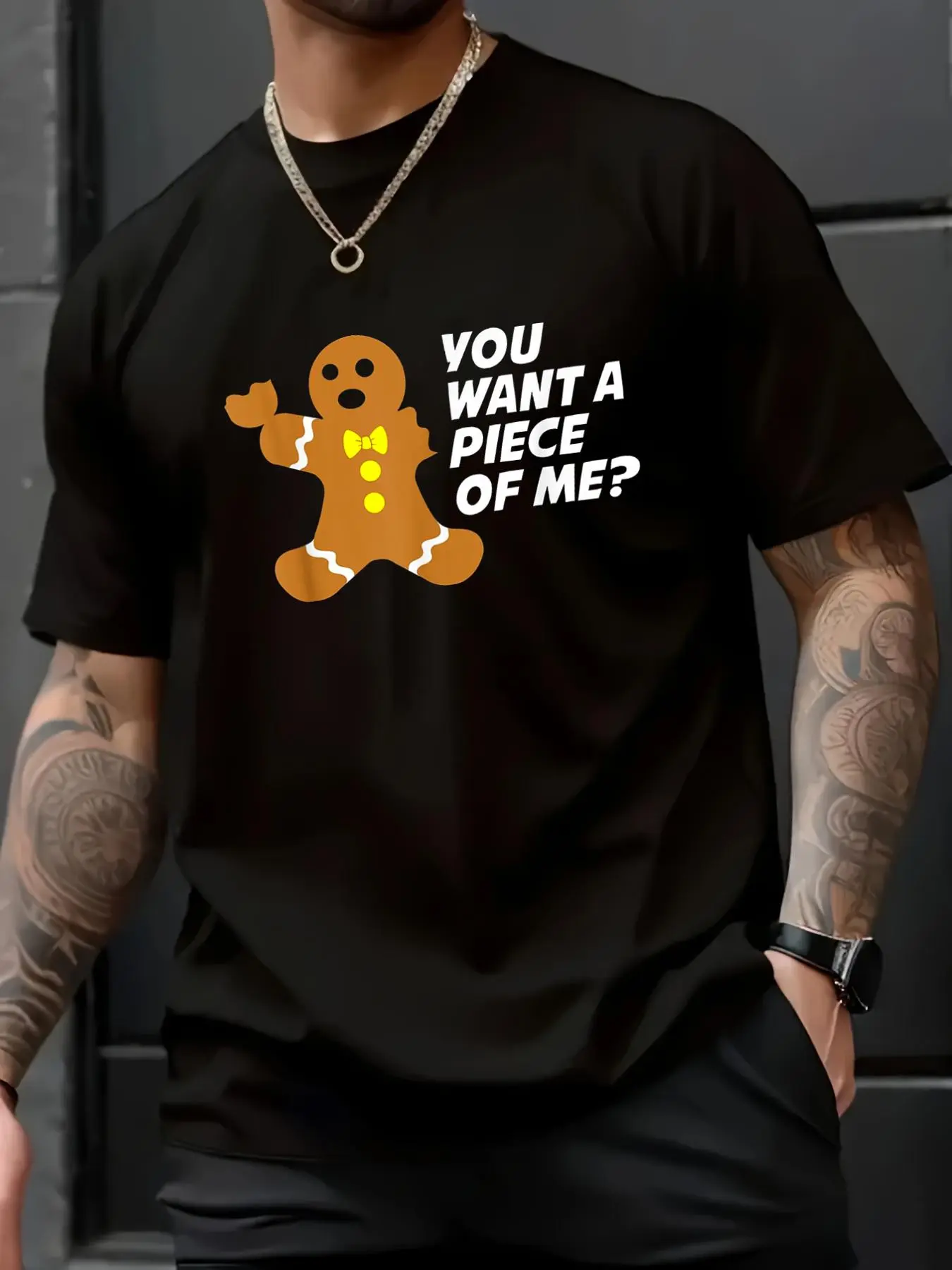 Men's 100% Cotton Casual Loose Short-Sleeve T-Shirt - Unisex Funny Gingerbread Man Matching Family Christmas Gift Top with Snowflake Pattern for Spring/Autumn, Tshirt, Shortsleeve, Menswear, Round Neck, All Seasons, Funny Gingerbread Man Print