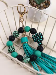 Cactus Beaded Keychain Bracelet, Cute PU Fabric Design, Trendy Cute Keychain, Choose From Three Colors, Perfect Gift for Friends & Birthdays, Keychain Kawaii