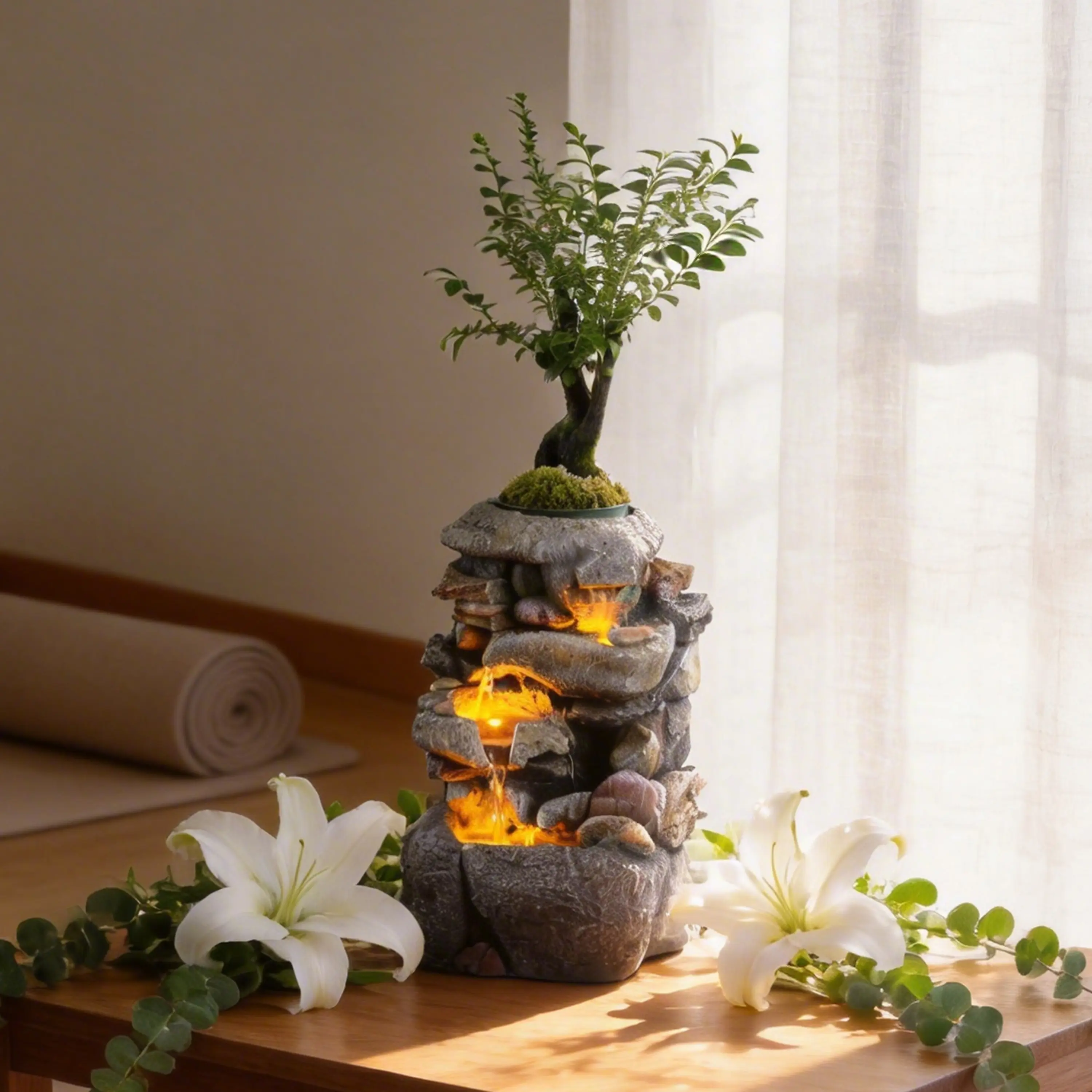 Reflective Artistic Compact Tabletop Resin Fountain - Warm LED Light, DIY Planting Basin, Soft Trickling Water Zen Decor, Modern Home Supplies, Livingroom Accessories, Sleep Aid & Stress Relief (Ideal for Plant Lovers)