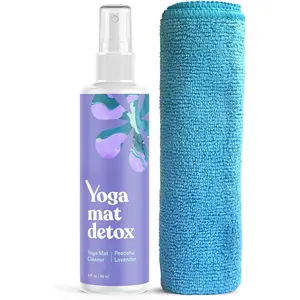 Yoga Mat Cleaner Spray (Peaceful Lavender), 4 fl oz - No Slippery ,  Essential Oils, Deep-Cleansing for Fitness Gear & Gym Equipment, Microfiber Towel Included