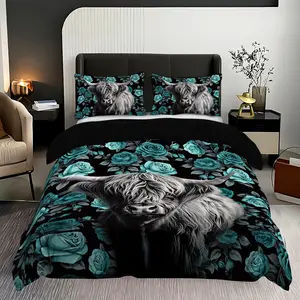 Highland Cow & Rose Print Duvet Cover Set, 3 Counts/set Including 1 Duvet Cover & 2 Pillowcase without Filler, Soft Comfortable Breathable Fabric Bedding Set for Bedroom Decor