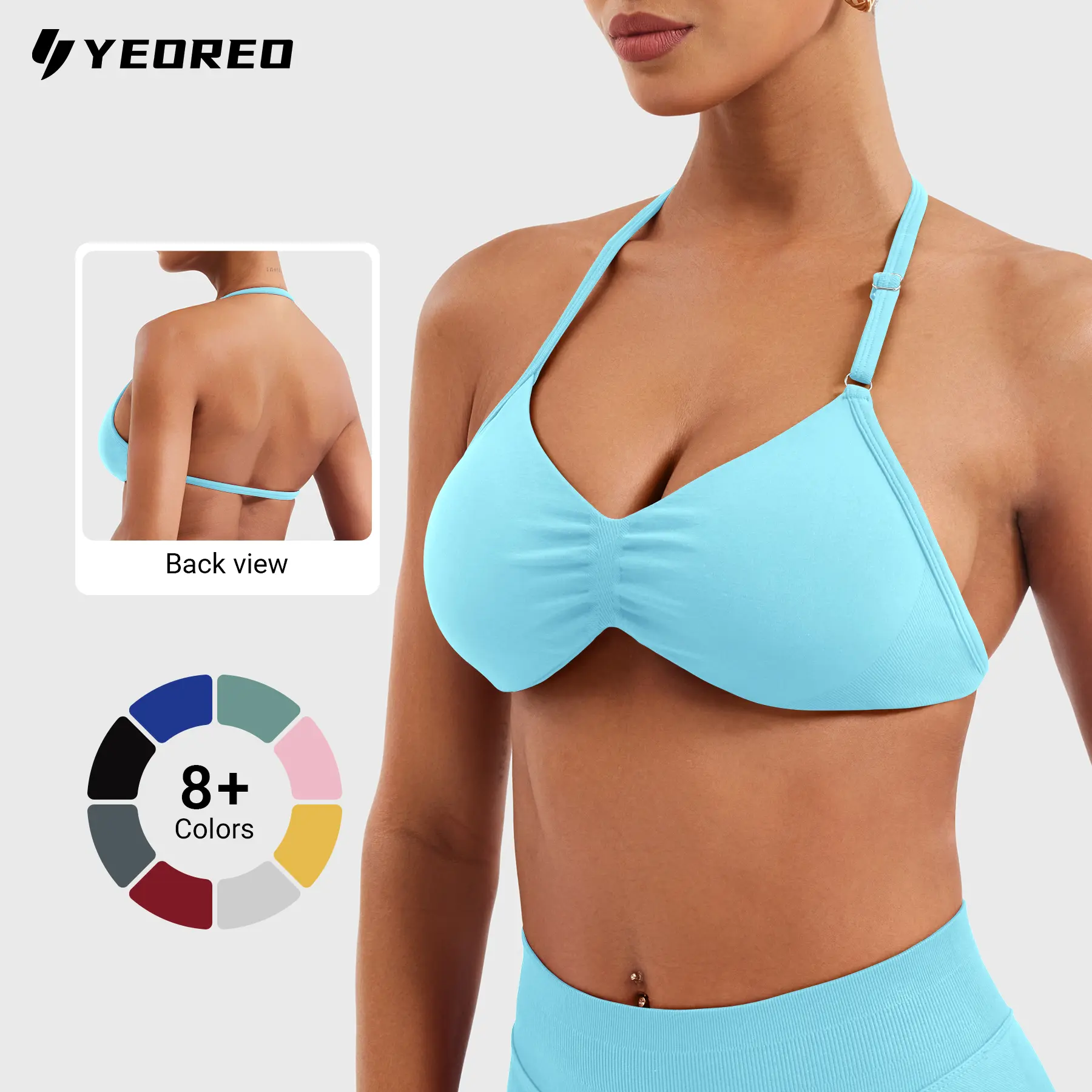 YEOREO Women's Halter V-Neck Sports Bra, Padded Workout Bralette with Scrunch Detail and Strappy Back, Nylon Spandex Sportswear for Yoga, Sportswear Yoga Gym summderfinds, Workout Sports Bras