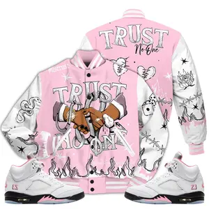 5 Medium Soft Pink Varsity Jacket, Soft Pink 35th Anniversary 5s Shirt, Tattoo Trust No One Streetwear Sneaker Matching Outfits Ideas Clothes Fabric Womenswear Athletic