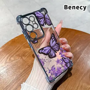 Beautiful Purple Butterfly Pattern Phone Case Compatible with Samsung Galaxy S26 S23 Ultra S24 Plus S25 S22+ FE Edge Electroplated Four-Corner Anti-Fall Protection Cellphone Cover Protective Casing