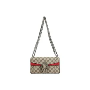 Pre-owned GUCCI canves Crossbody Bags Dionysus Shoulder Bag in Beige/Ebony GG Supreme with Red Suede Trim Aged Silver Hardware Tiger Head Rhinestone Buckle Double G Monogram