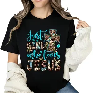 Women's Christian T-Shirt with Leopard Print Cross Graphic, Casual 100% Cotton Short Sleeve Faith Top, Religious Clothes for Women, Tshirt