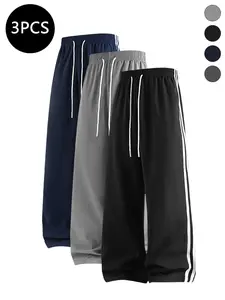 3-pack men’s long pants — thick straight-leg casual striped pants, trendy high-street versatile athletic striped long pants for men