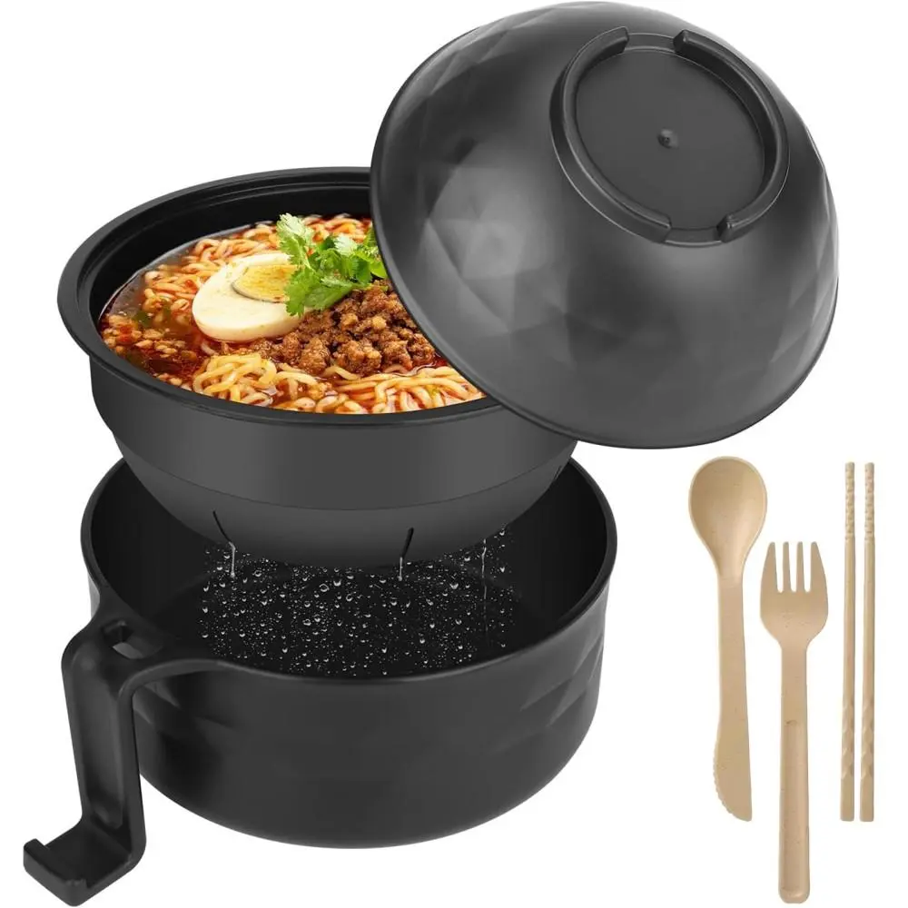Noodle Cooker Bowl Set with Chopsticks, Microwave Safe Noodle Bowl for Student Dorm, Apartment Daily Tableware, BPA-Free Cover, Multi-Holiday Daily Presents(Top bowl-Black）