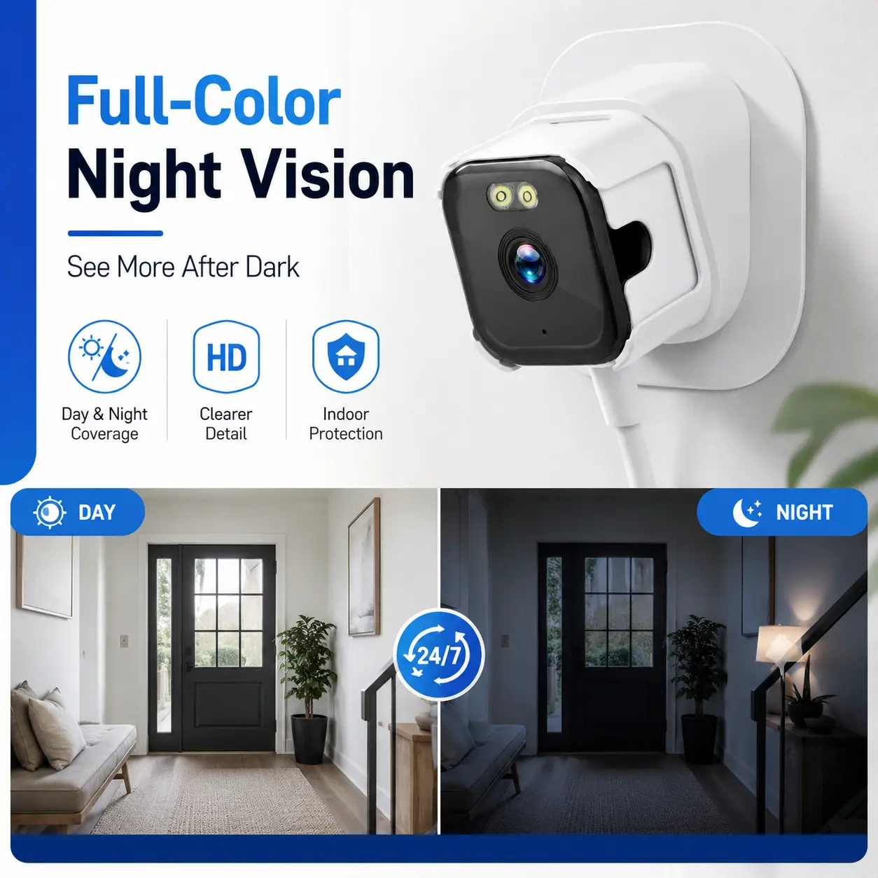 Compact WiFi Security Camera, 3M Stick-On Indoor Camera for Entryway, Hallway, Nursery and Home Monitoring