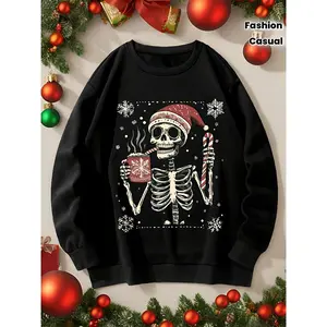 Women'S Gothic Christmas Sweatshirt - Pullover with Skeleton & Candy Cane Design, Long Sleeve Crewneck Sweater for Halloween, Christmas, Everyday Fall Outfits - Women'S Casual Holiday Apparel, Christmas Sweatshirt, Festive Outfit, Seasonal Fashion