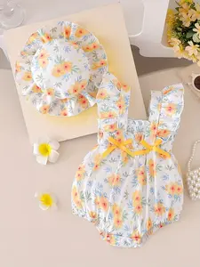 Girls' summer sweet floral style jumpsuit, fresh and soft girlish style, girls' white background yellow flower printed jumpsuit+sun hat two-piece set, ruffled shoulder strap+double bow waist cinching+snap closure, Valentine's Day gift, Baby Girl Clothes