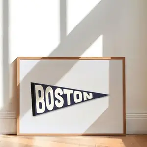 Vintage Boston Pennant Print Poster  Boston Flag Red Wall Art  Massachusetts City Art