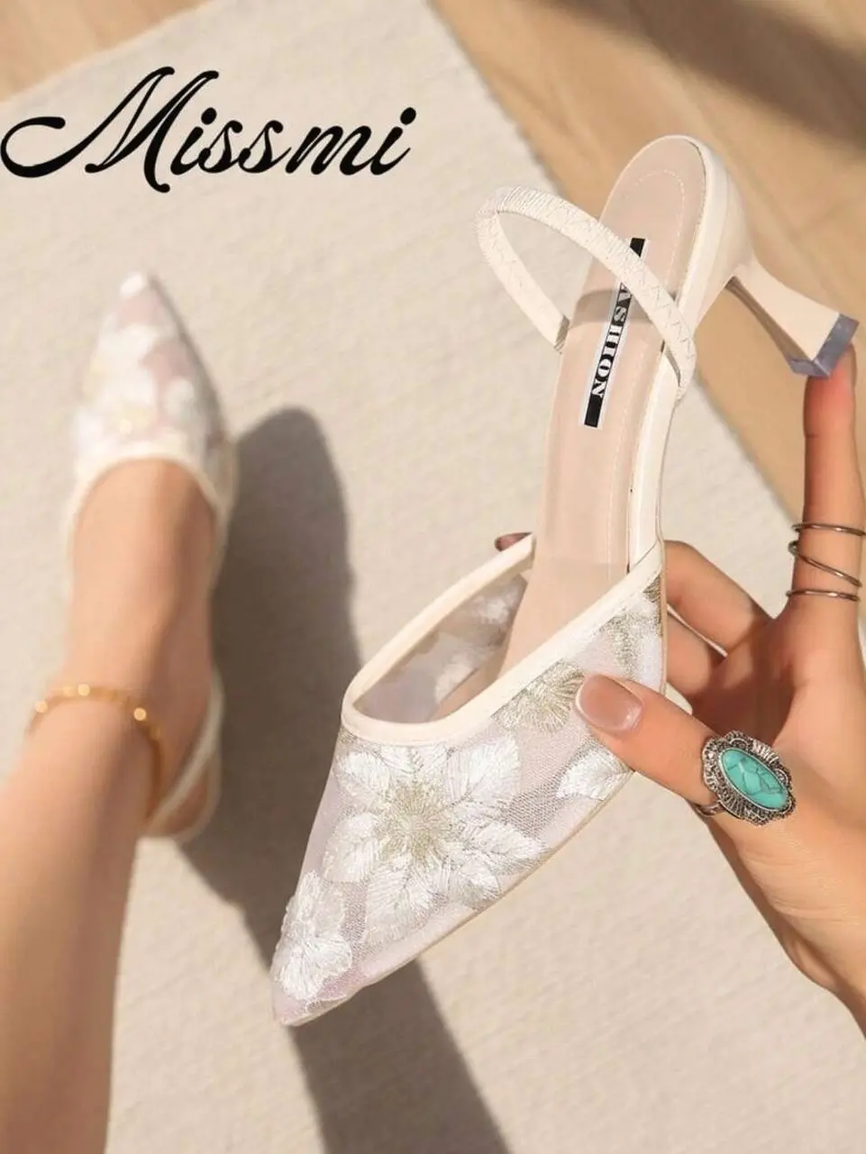 Women’s Ivory Lace Slingback Heels, Pointed Toe Floral Mesh Kitten Heel Pumps, Elegant Wedding Bridal Party Date Night Shoes