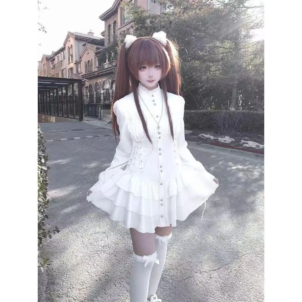 retro punk dresses Aesthetic Gothic Hot Girl Slim White Dress Design Vintage Darkly Long Sleeve Patchwork Dresses Female France Retro Punk Dress