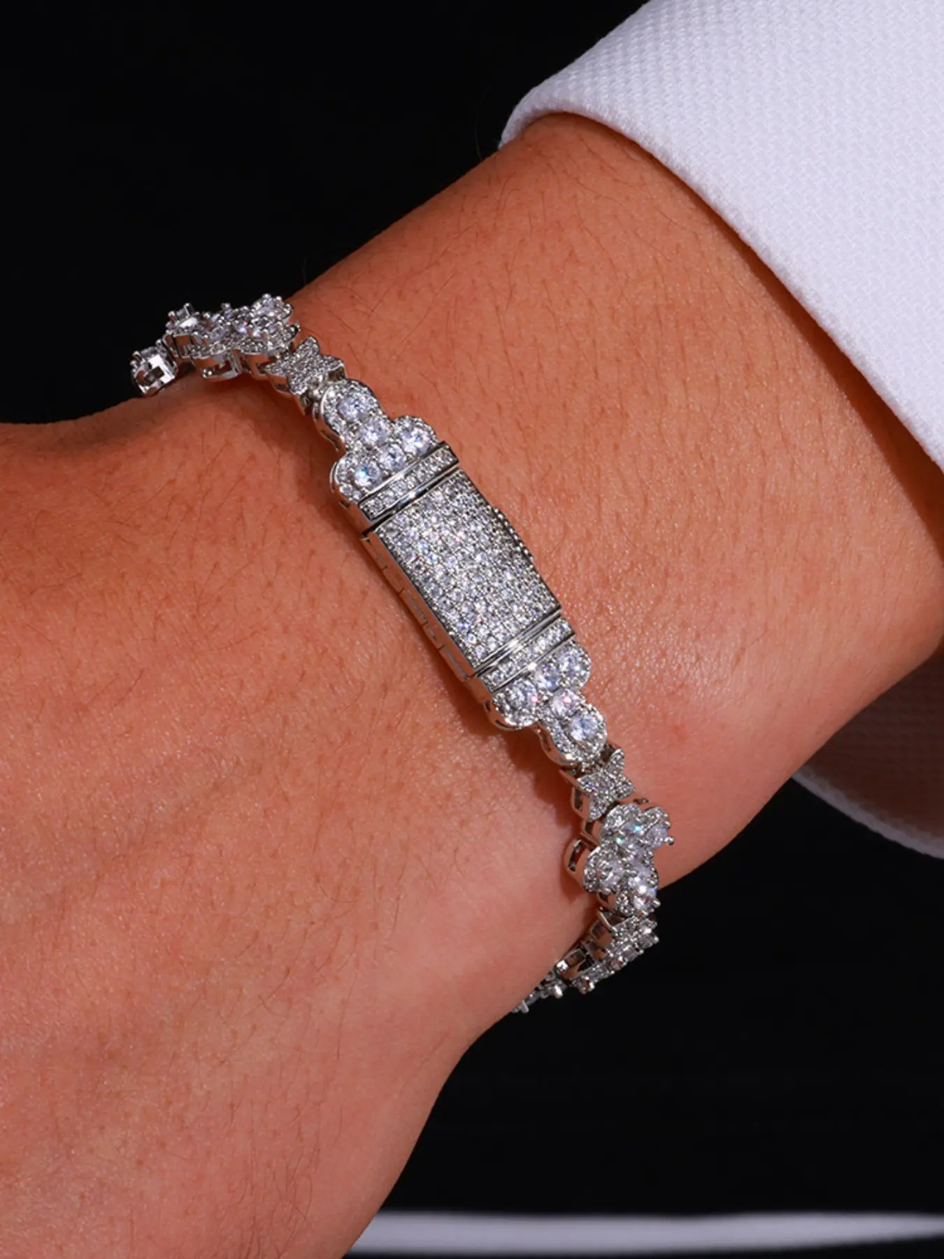 Men's Iced Out Tennis Bracelet, 14K White Gold Plated Full CZ Diamond Bling Hip Hop Cuban Link Bracelet for Men Women, Sparkling Crystal Wrist Jewelry with Secure Box Clasp, Cuban Link Bangle