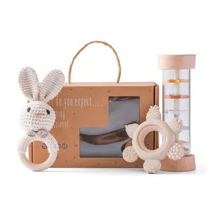 Wooden Baby Rattle Set (3pcs) - Crochet Rattle Rain Stick Teething Toys, Wooden Montessori Toy for Newborn Infant Baby Rattles Set Toys 3-6-12 Months (Bunny)