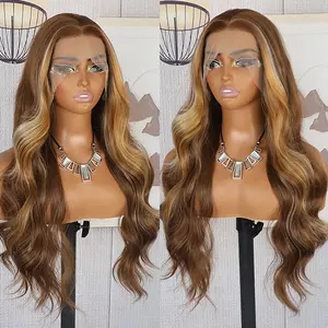 QD-Tizer Honey Blonde Color Highlights on Brown Hair Long Wavy Wigs 13x4 Lace Area Synthetic Lace Front Wigs for Women Pre-Plucked Heat Resisrant Fiber Body Wave Long Wig