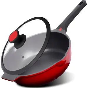 Nonstick Deep Frying Pan Skillet with Lid, 12 inch/ 5.5 QT Saute Pan with  Lid, Sauce Cookware Cooking Chef Pans, Cast  Induction Compatible,  Red