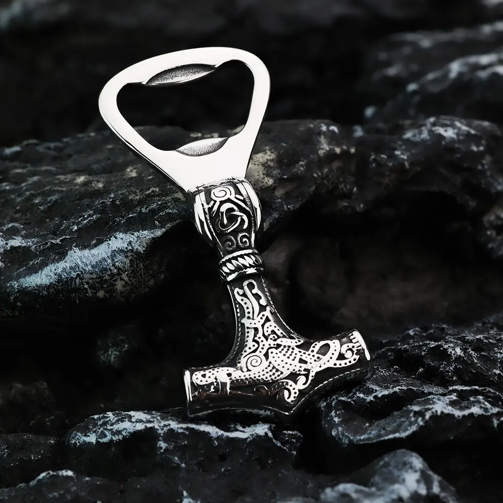 Vintage Celtic Knot Thor Hammer Beer Opener, Stainless Steel Portable Keychain, Ethnic Pattern, All Seasons Use, No Choking Hazard